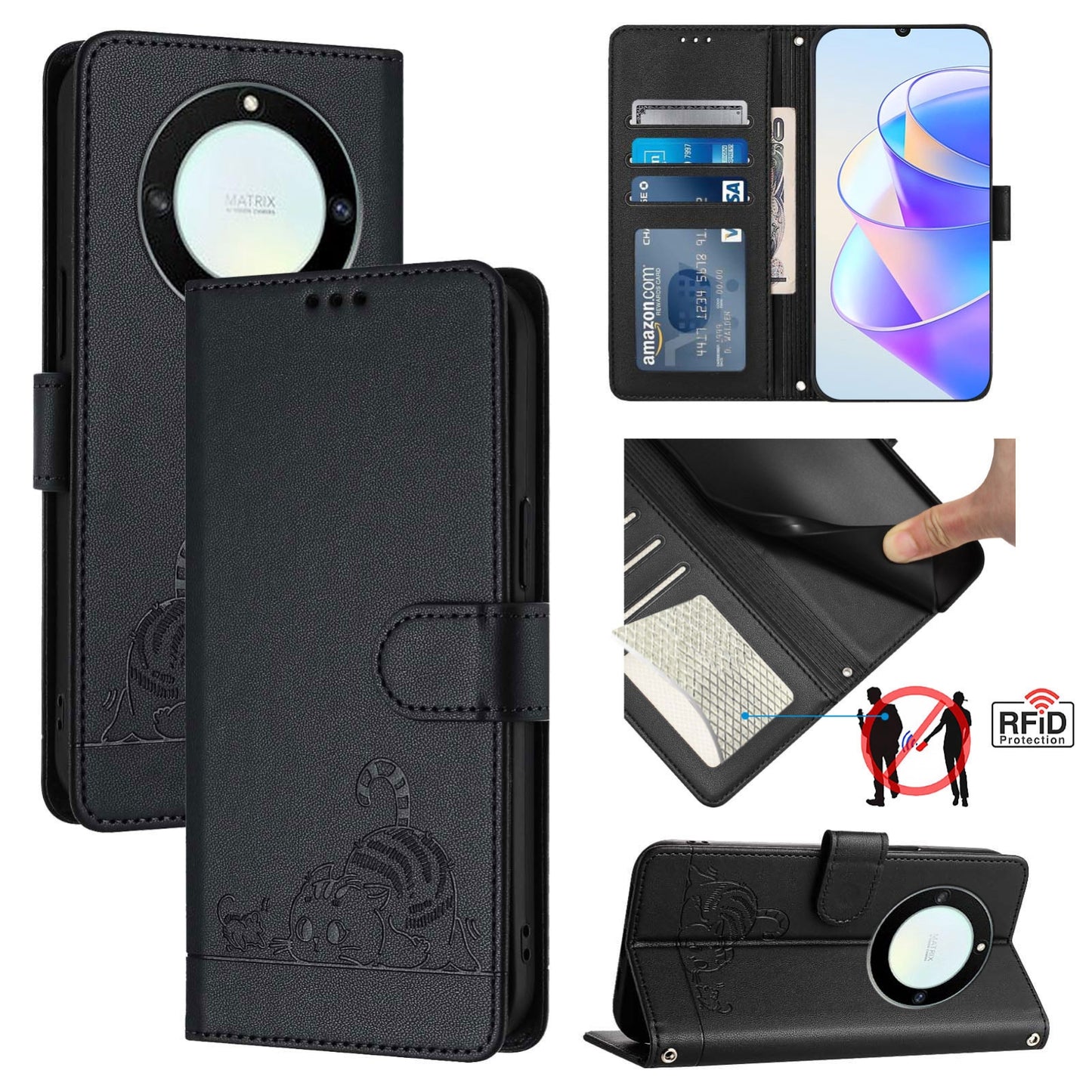 Honor Magic5 Lite Leather Phone Case with Cat and Rat Embossed Pattern, RFID Protection, Card Holder Slots, Anti-fall Feature & Lanyard