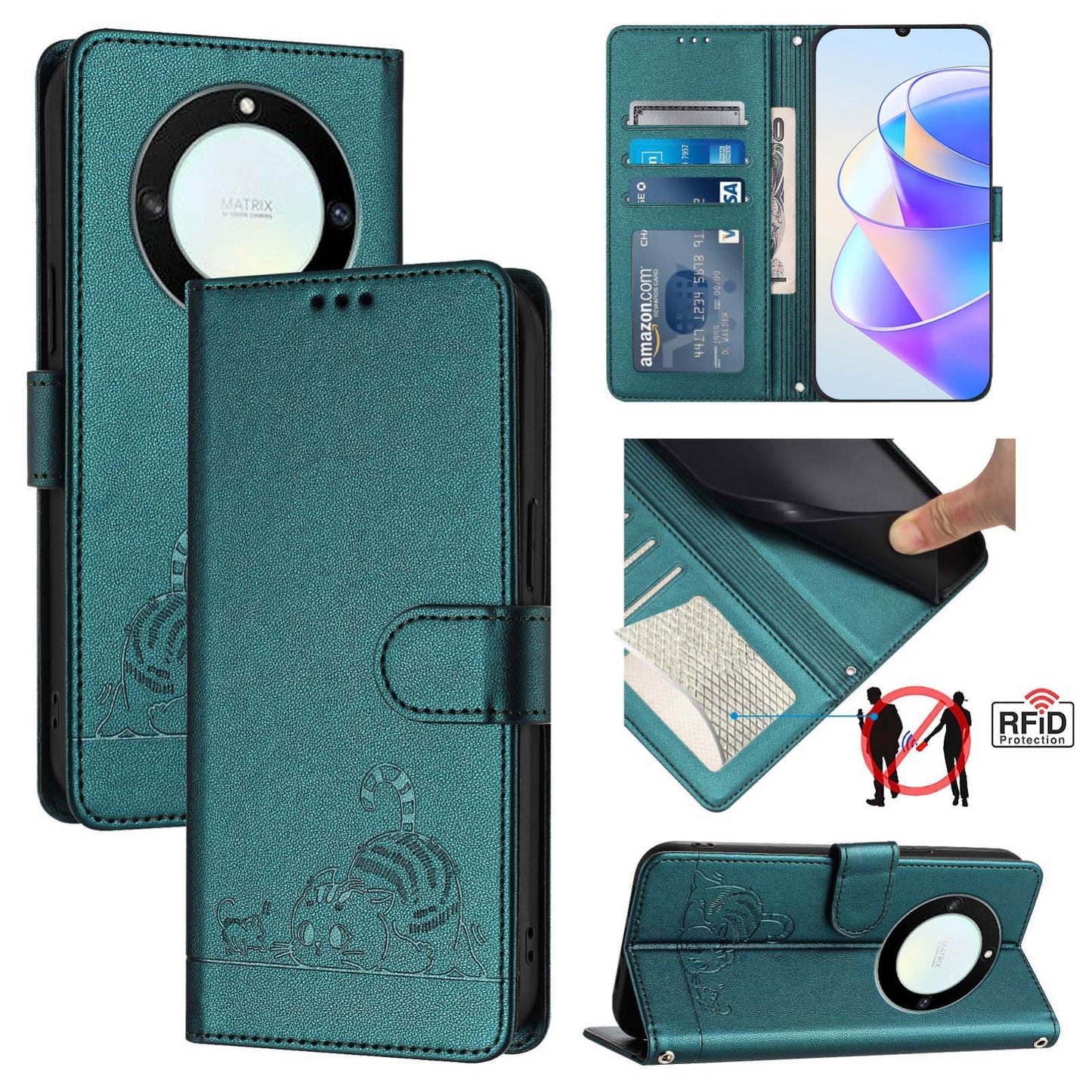 Honor X40 5G Leather Phone Case with Cat and Rat Embossed Pattern, RFID Protection, Card Holder Slots, Anti-fall Feature & Lanyard