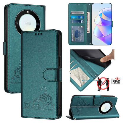 Honor X40 5G Leather Phone Case with Cat and Rat Embossed Pattern, RFID Protection, Card Holder Slots, Anti-fall Feature & Lanyard