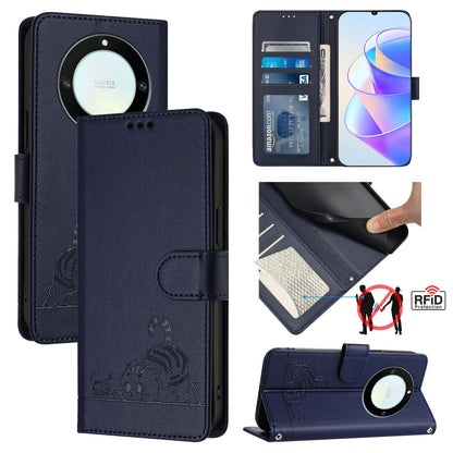 Honor X40 5G Leather Phone Case with Cat and Rat Embossed Pattern, RFID Protection, Card Holder Slots, Anti-fall Feature & Lanyard