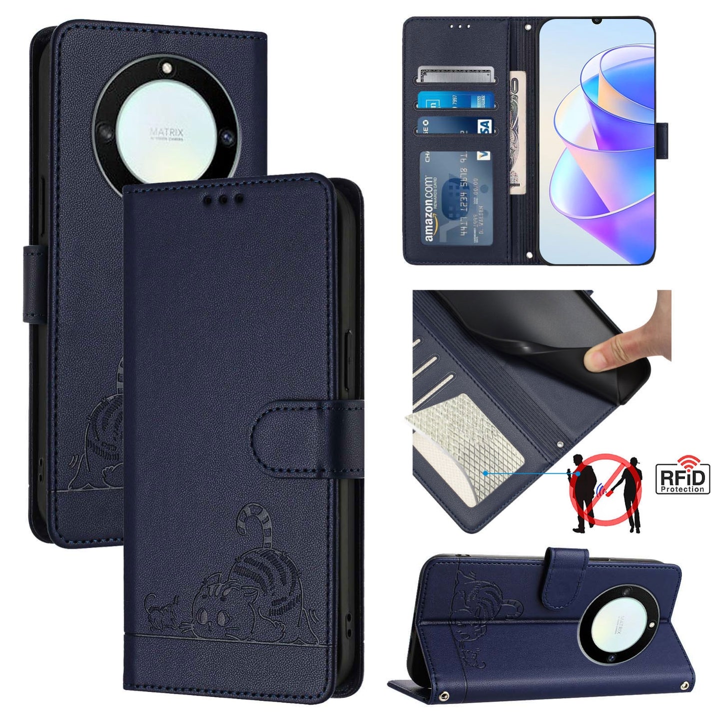 Honor Magic5 Lite Leather Phone Case with Cat and Rat Embossed Pattern, RFID Protection, Card Holder Slots, Anti-fall Feature & Lanyard