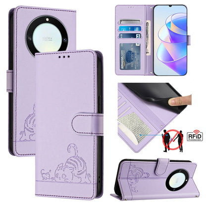 Honor Magic5 Lite Leather Phone Case with Cat and Rat Embossed Pattern, RFID Protection, Card Holder Slots, Anti-fall Feature & Lanyard