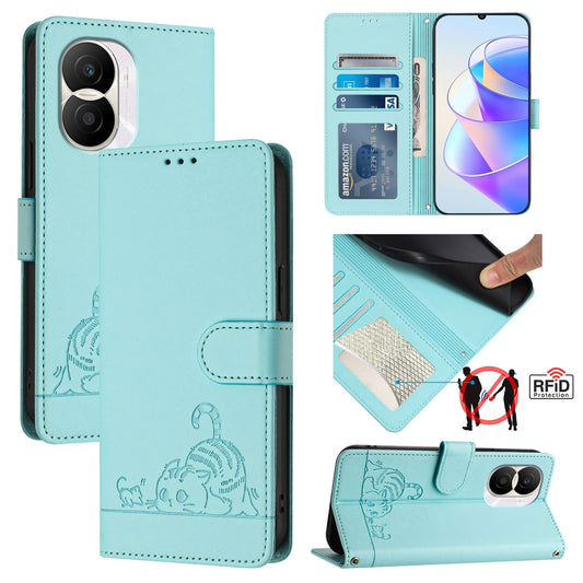 Honor X40i 5G Leather Phone Case with Cat and Rat Embossed Pattern, RFID Protection, Card Holder Slots, Anti-fall Feature & Lanyard