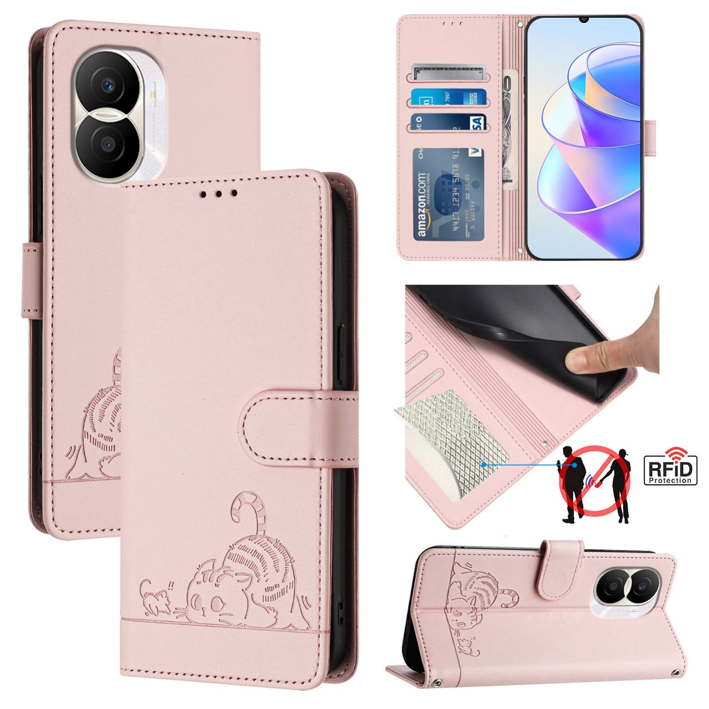 Honor X40i 5G Leather Phone Case with Cat and Rat Embossed Pattern, RFID Protection, Card Holder Slots, Anti-fall Feature & Lanyard