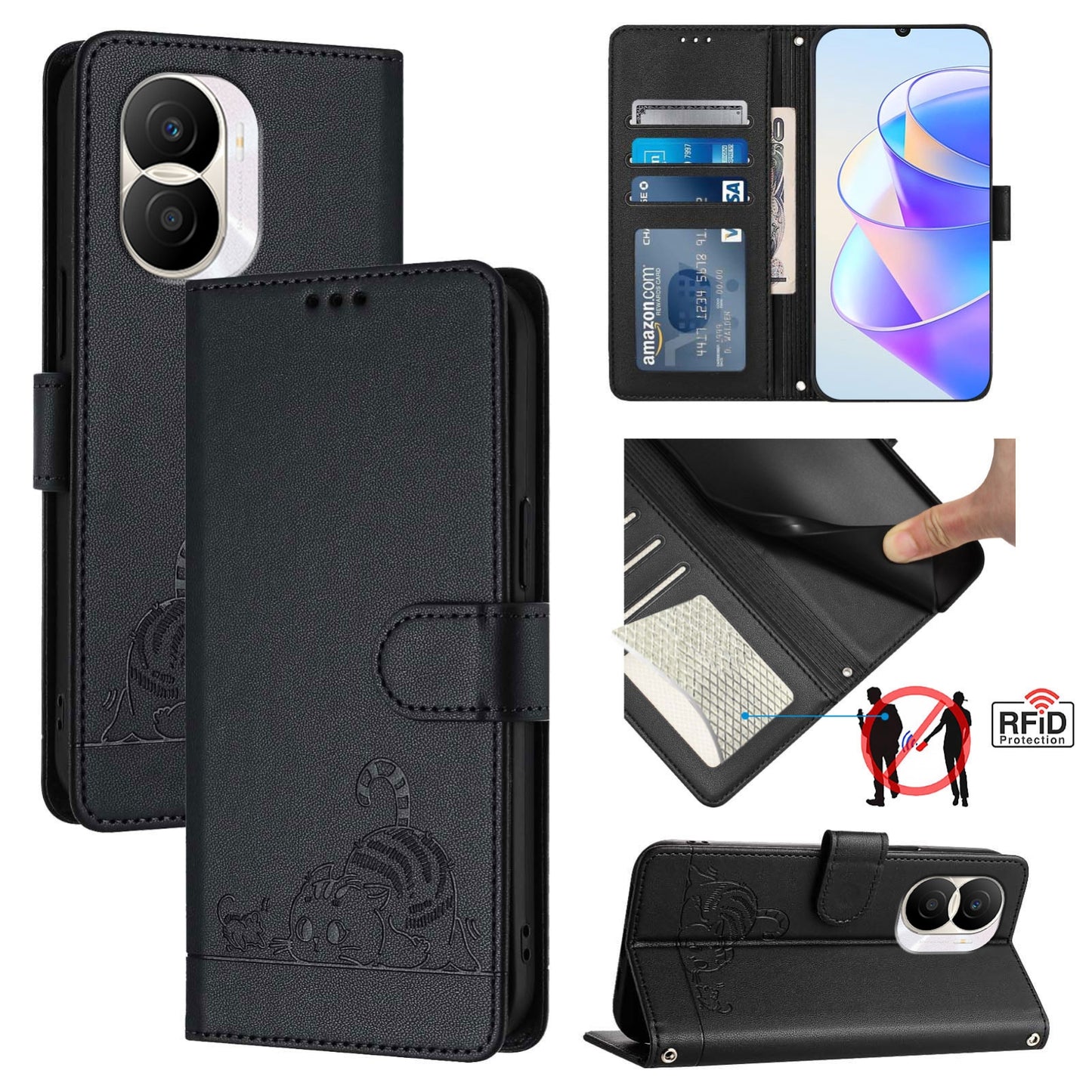 Honor X40i 5G Leather Phone Case with Cat and Rat Embossed Pattern, RFID Protection, Card Holder Slots, Anti-fall Feature & Lanyard