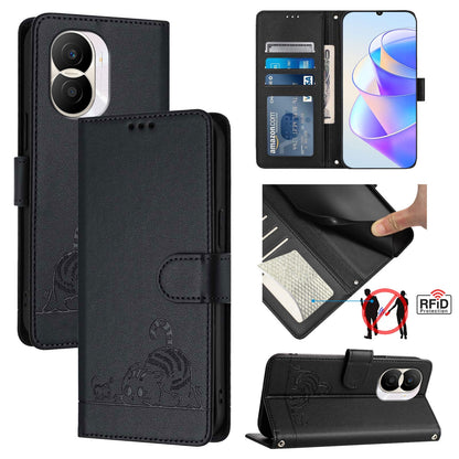 Honor X40i 5G Leather Phone Case with Cat and Rat Embossed Pattern, RFID Protection, Card Holder Slots, Anti-fall Feature & Lanyard