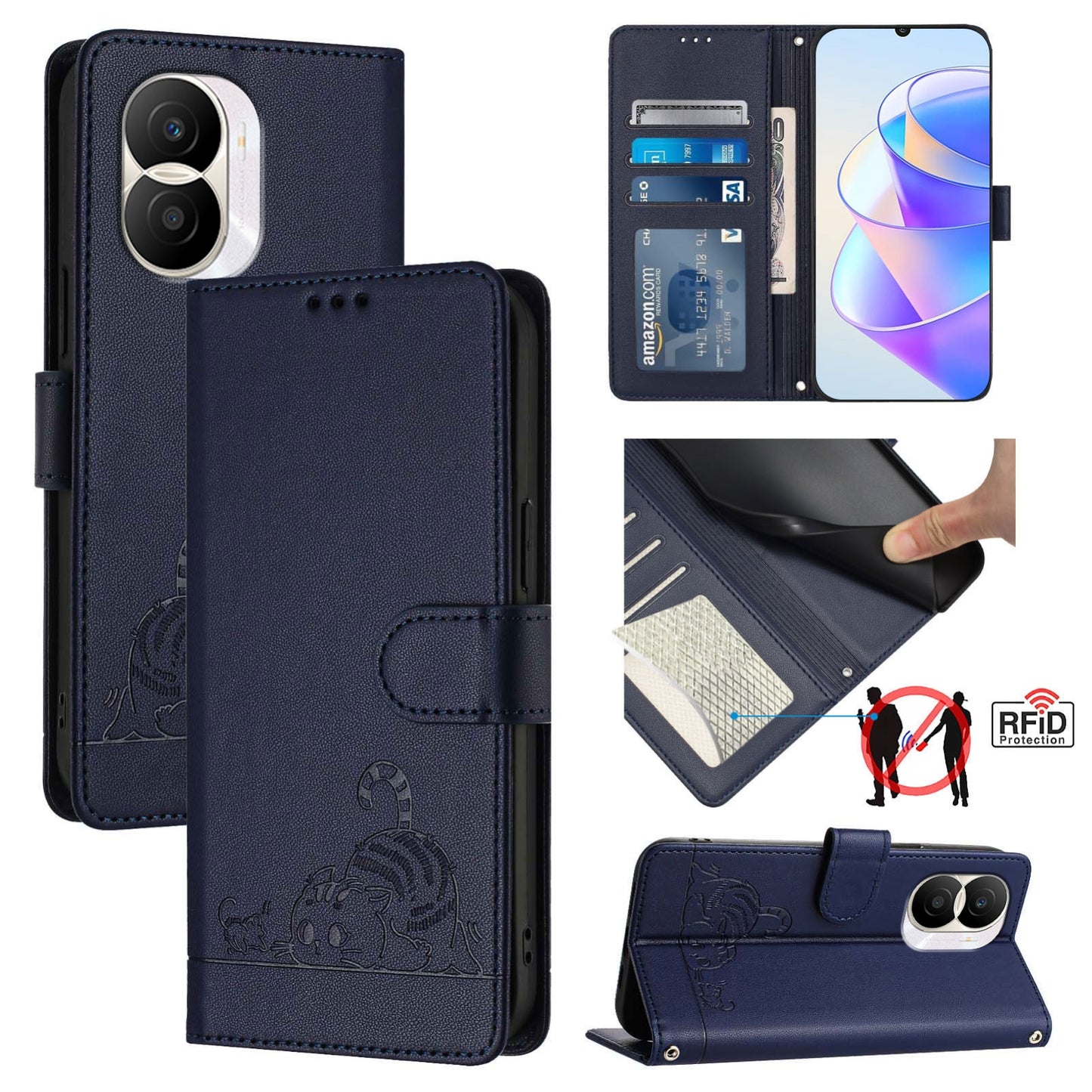 Honor X40i 5G Leather Phone Case with Cat and Rat Embossed Pattern, RFID Protection, Card Holder Slots, Anti-fall Feature & Lanyard