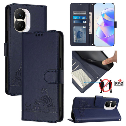 Honor X40i 5G Leather Phone Case with Cat and Rat Embossed Pattern, RFID Protection, Card Holder Slots, Anti-fall Feature & Lanyard