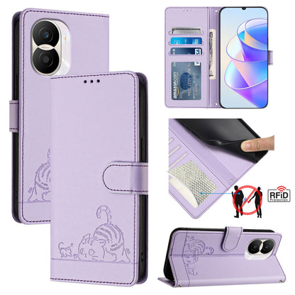 Honor X40i 5G Leather Phone Case with Cat and Rat Embossed Pattern, RFID Protection, Card Holder Slots, Anti-fall Feature & Lanyard