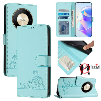 Honor X9b 5G Global Leather Phone Case with Cat and Rat Embossed Pattern, RFID Protection, Card Holder Slots, Anti-fall Feature & Lanyard