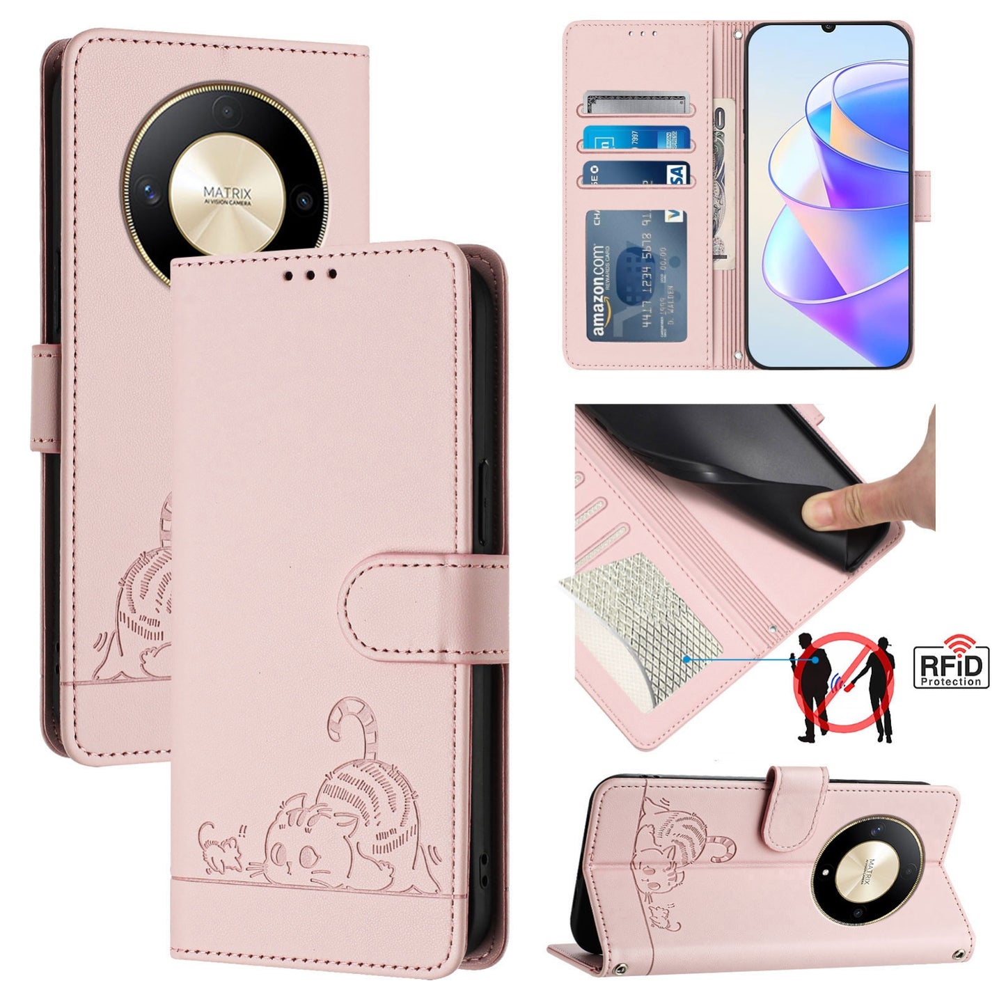 Honor X9b 5G Global Leather Phone Case with Cat and Rat Embossed Pattern, RFID Protection, Card Holder Slots, Anti-fall Feature & Lanyard