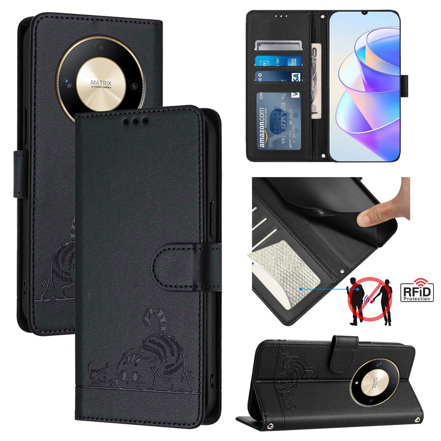 Honor X9b 5G Global Leather Phone Case with Cat and Rat Embossed Pattern, RFID Protection, Card Holder Slots, Anti-fall Feature & Lanyard