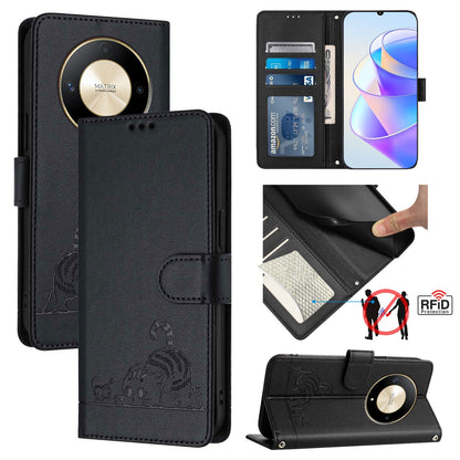 Honor X9b 5G Global Leather Phone Case with Cat and Rat Embossed Pattern, RFID Protection, Card Holder Slots, Anti-fall Feature & Lanyard