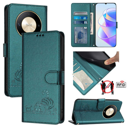 Honor X9b 5G Global Leather Phone Case with Cat and Rat Embossed Pattern, RFID Protection, Card Holder Slots, Anti-fall Feature & Lanyard