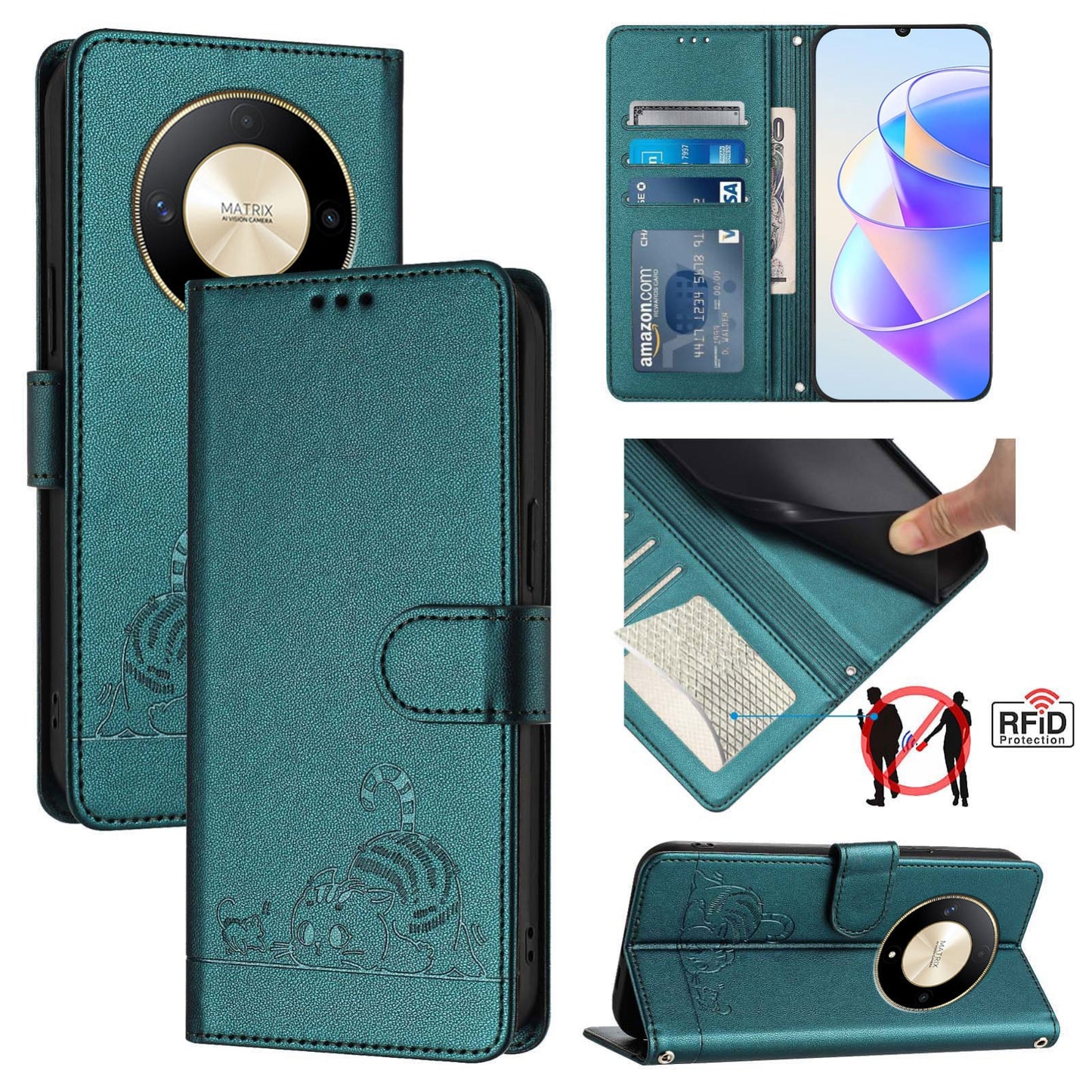 Honor Magic6 Lite 5G Global Leather Phone Case with Cat and Rat Embossed Pattern, RFID Protection, Card Holder Slots, Anti-fall Feature & Lanyard