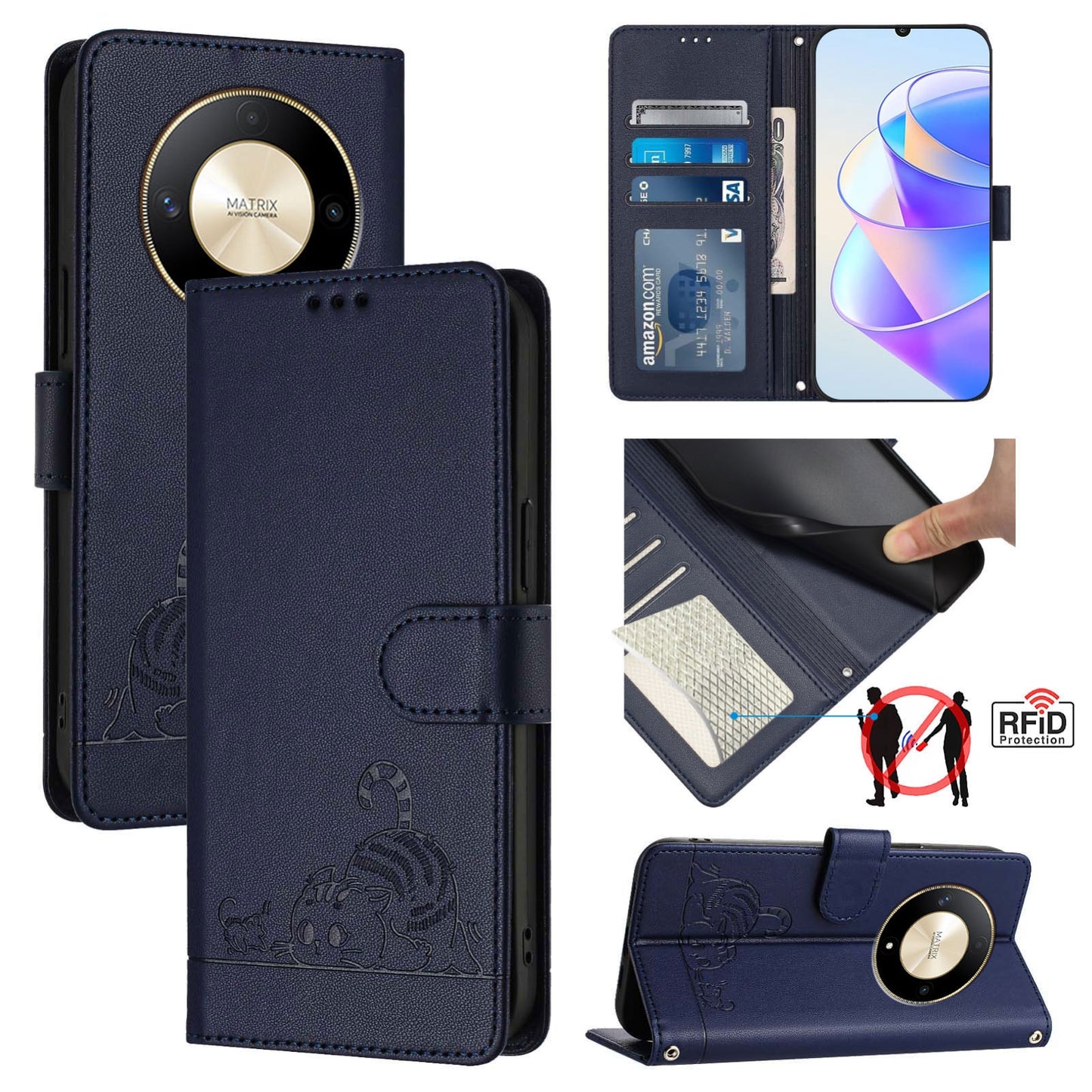 Honor Magic6 Lite 5G Global Leather Phone Case with Cat and Rat Embossed Pattern, RFID Protection, Card Holder Slots, Anti-fall Feature & Lanyard