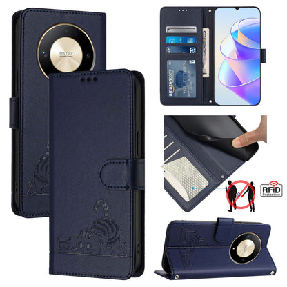 Honor Magic6 Lite 5G Global Leather Phone Case with Cat and Rat Embossed Pattern, RFID Protection, Card Holder Slots, Anti-fall Feature & Lanyard