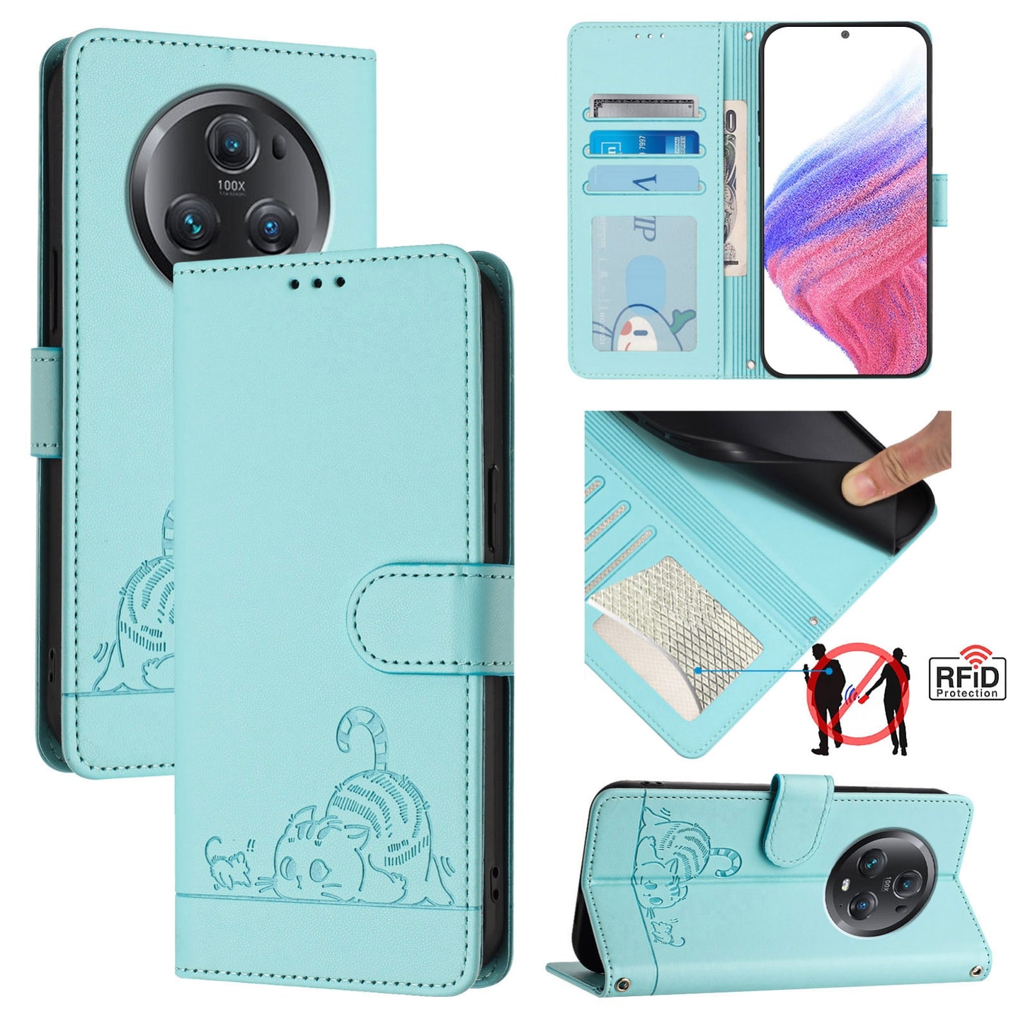 Honor Magic5 Pro Leather Phone Case with Cat and Rat Embossed Pattern, RFID Protection, Card Holder Slots, Anti-fall Feature & Lanyard