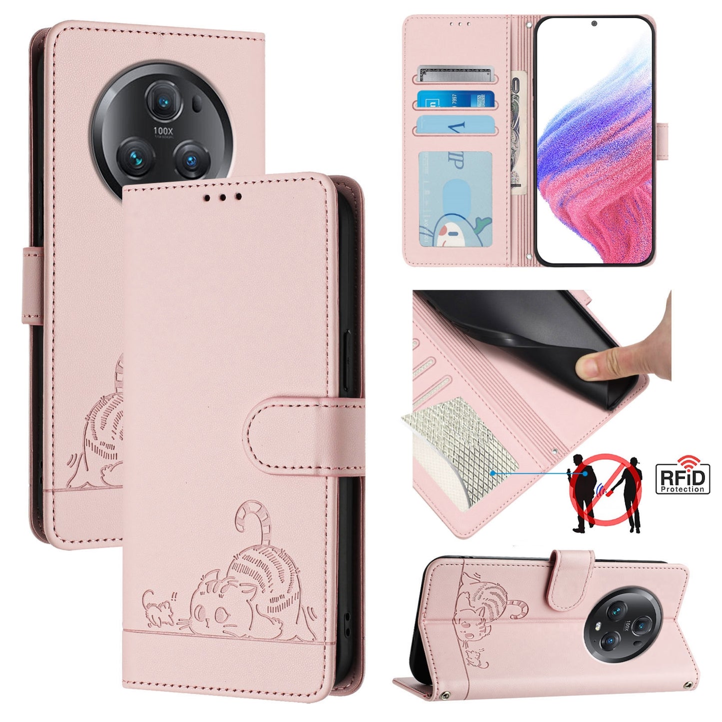 Honor Magic5 Pro Leather Phone Case with Cat and Rat Embossed Pattern, RFID Protection, Card Holder Slots, Anti-fall Feature & Lanyard