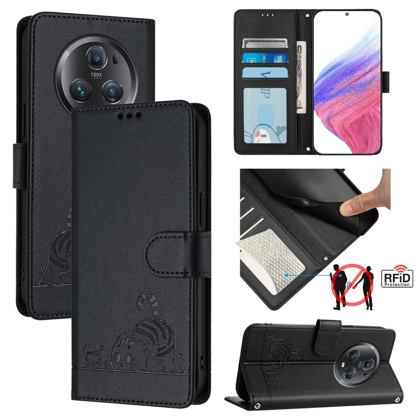 Honor Magic5 Pro Leather Phone Case with Cat and Rat Embossed Pattern, RFID Protection, Card Holder Slots, Anti-fall Feature & Lanyard