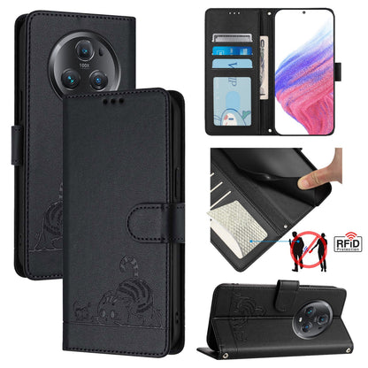 Honor Magic5 Pro Leather Phone Case with Cat and Rat Embossed Pattern, RFID Protection, Card Holder Slots, Anti-fall Feature & Lanyard