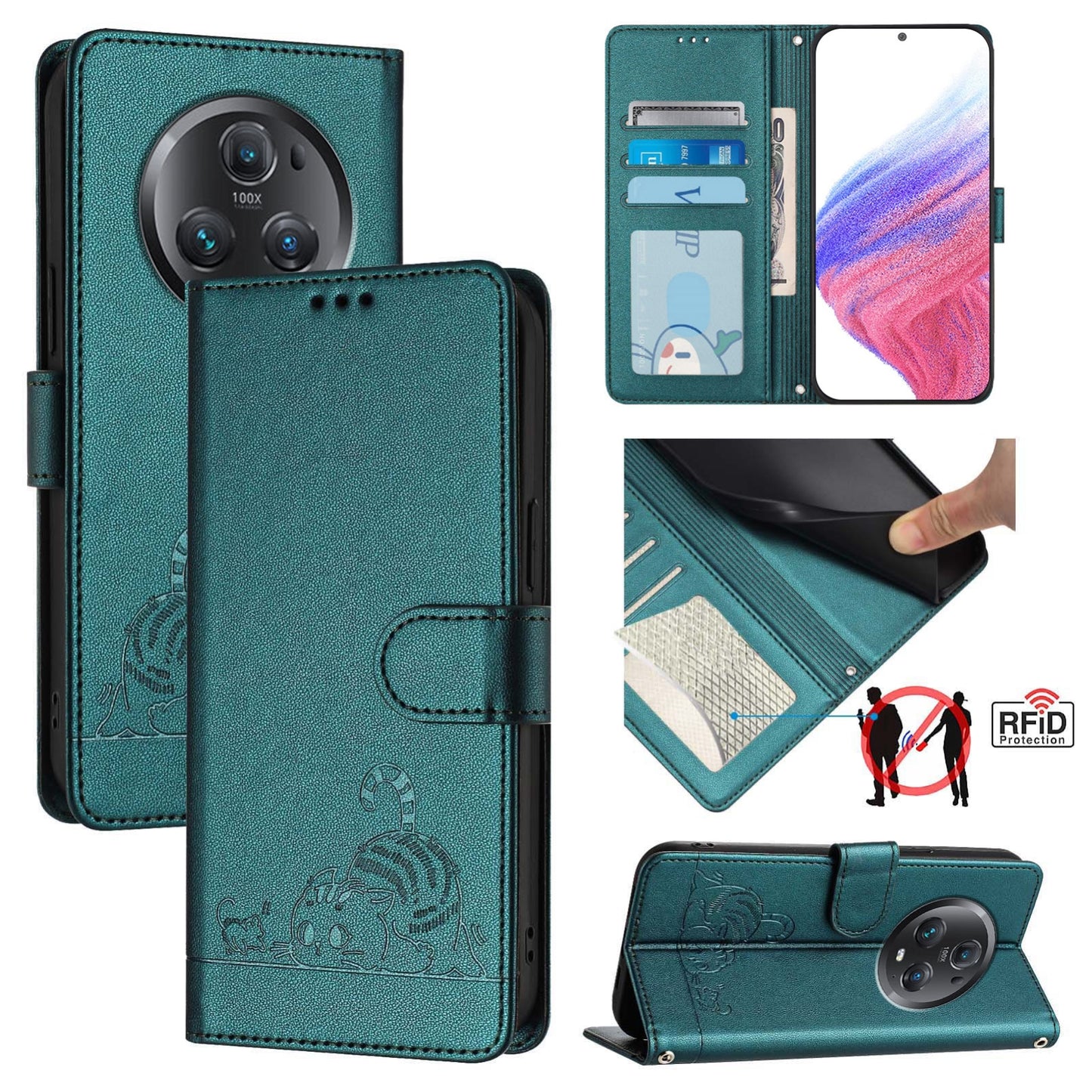 Honor Magic5 Pro Leather Phone Case with Cat and Rat Embossed Pattern, RFID Protection, Card Holder Slots, Anti-fall Feature & Lanyard