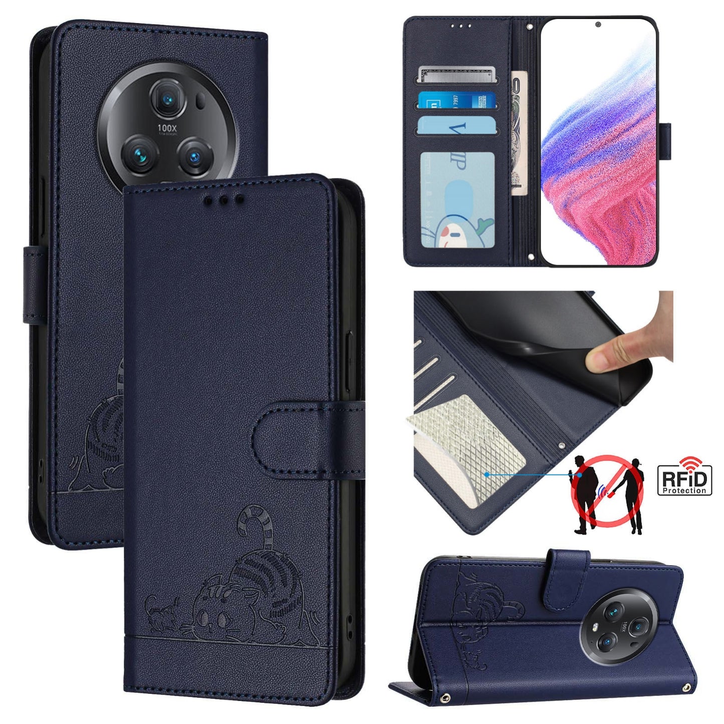 Honor Magic5 Pro Leather Phone Case with Cat and Rat Embossed Pattern, RFID Protection, Card Holder Slots, Anti-fall Feature & Lanyard