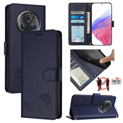 Honor Magic5 Pro Leather Phone Case with Cat and Rat Embossed Pattern, RFID Protection, Card Holder Slots, Anti-fall Feature & Lanyard