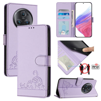 Honor Magic5 Pro Leather Phone Case with Cat and Rat Embossed Pattern, RFID Protection, Card Holder Slots, Anti-fall Feature & Lanyard