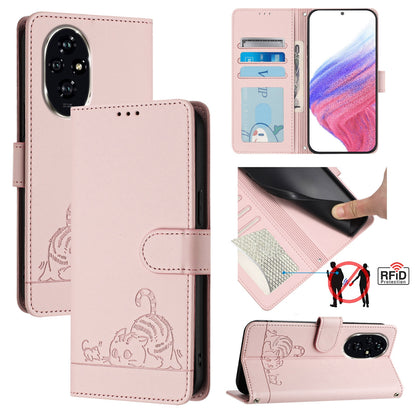 Honor 200 Leather Phone Case with Cat and Rat Embossed Pattern, RFID Protection, Card Holder Slots, Anti-fall Feature & Lanyard