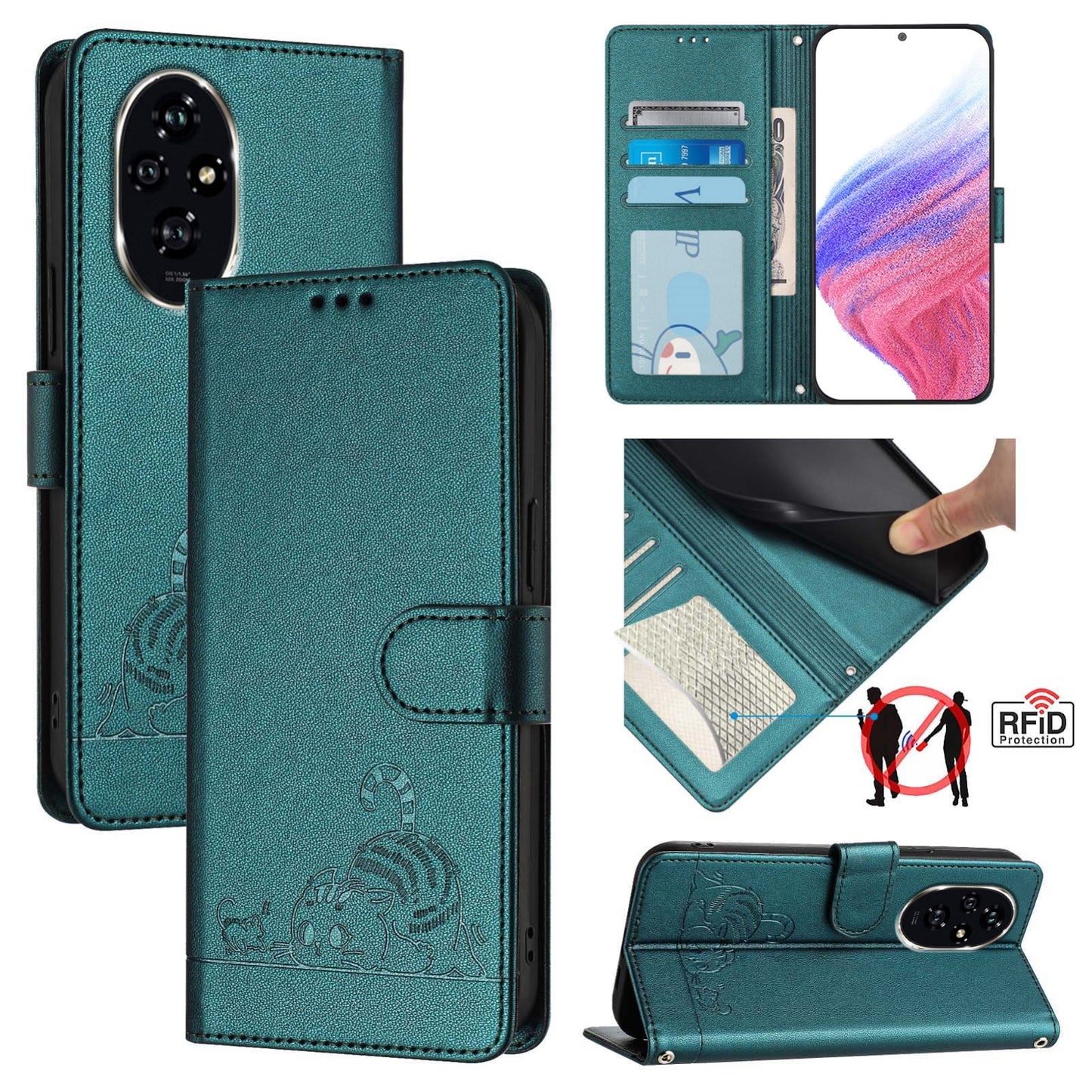 Honor 200 Leather Phone Case with Cat and Rat Embossed Pattern, RFID Protection, Card Holder Slots, Anti-fall Feature & Lanyard