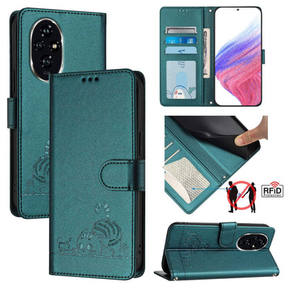 Honor 200 Leather Phone Case with Cat and Rat Embossed Pattern, RFID Protection, Card Holder Slots, Anti-fall Feature & Lanyard