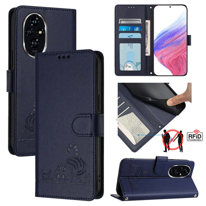 Honor 200 Leather Phone Case with Cat and Rat Embossed Pattern, RFID Protection, Card Holder Slots, Anti-fall Feature & Lanyard