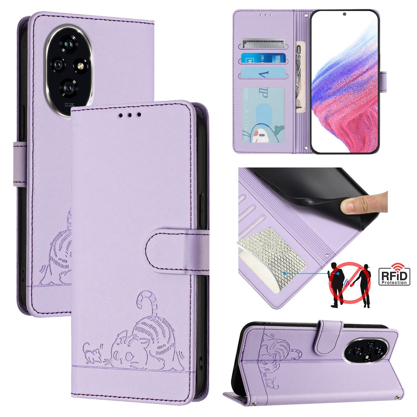 Honor 200 Leather Phone Case with Cat and Rat Embossed Pattern, RFID Protection, Card Holder Slots, Anti-fall Feature & Lanyard