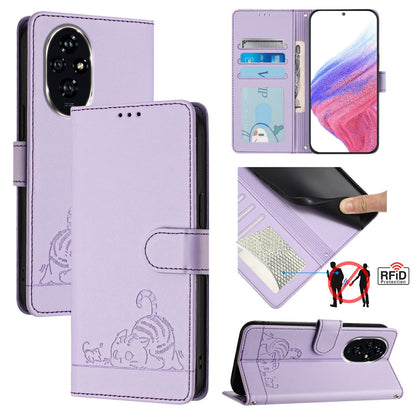 Honor 200 Leather Phone Case with Cat and Rat Embossed Pattern, RFID Protection, Card Holder Slots, Anti-fall Feature & Lanyard