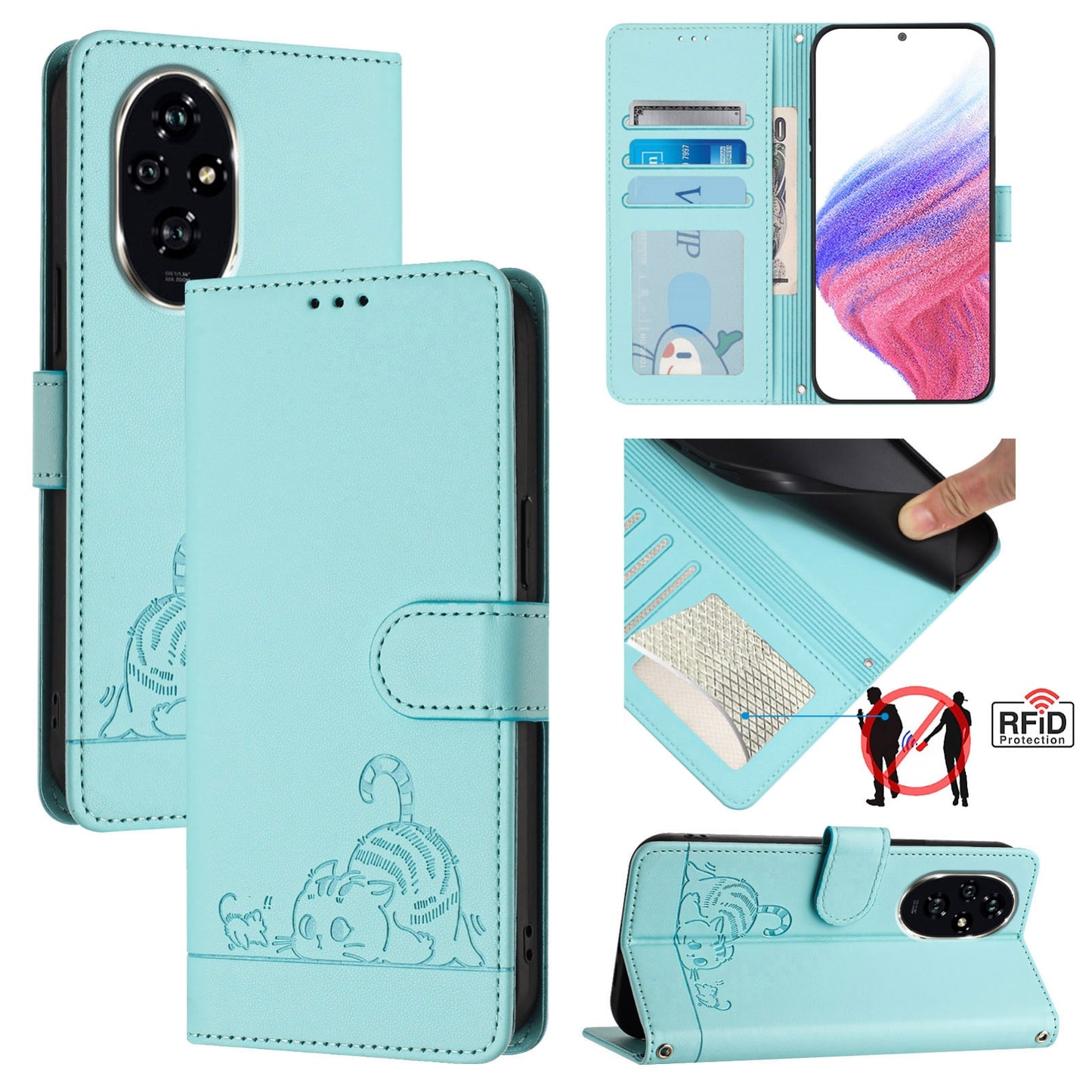 Honor 200 Pro Leather Phone Case with Cat and Rat Embossed Pattern, RFID Protection, Card Holder Slots, Anti-fall Feature & Lanyard