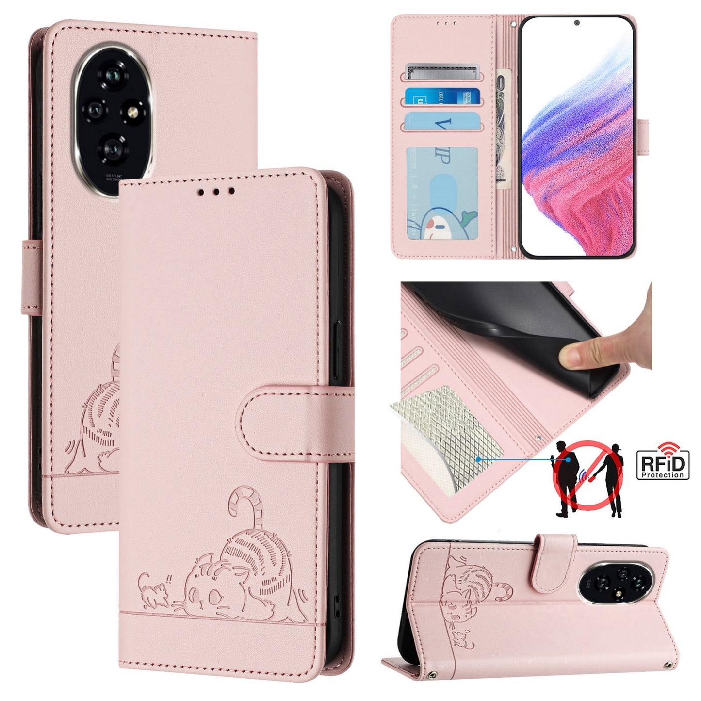 Honor 200 Pro Leather Phone Case with Cat and Rat Embossed Pattern, RFID Protection, Card Holder Slots, Anti-fall Feature & Lanyard