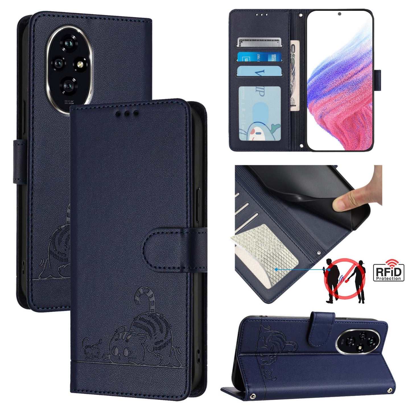 Honor 200 Pro Leather Phone Case with Cat and Rat Embossed Pattern, RFID Protection, Card Holder Slots, Anti-fall Feature & Lanyard