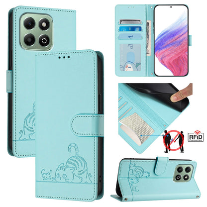 Honor X6b Leather Phone Case with Cat and Rat Embossed Pattern, RFID Protection, Card Holder Slots, Anti-fall Feature & Lanyard
