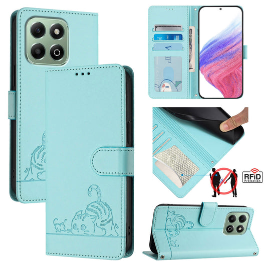 Honor X6b Leather Phone Case with Cat and Rat Embossed Pattern, RFID Protection, Card Holder Slots, Anti-fall Feature & Lanyard