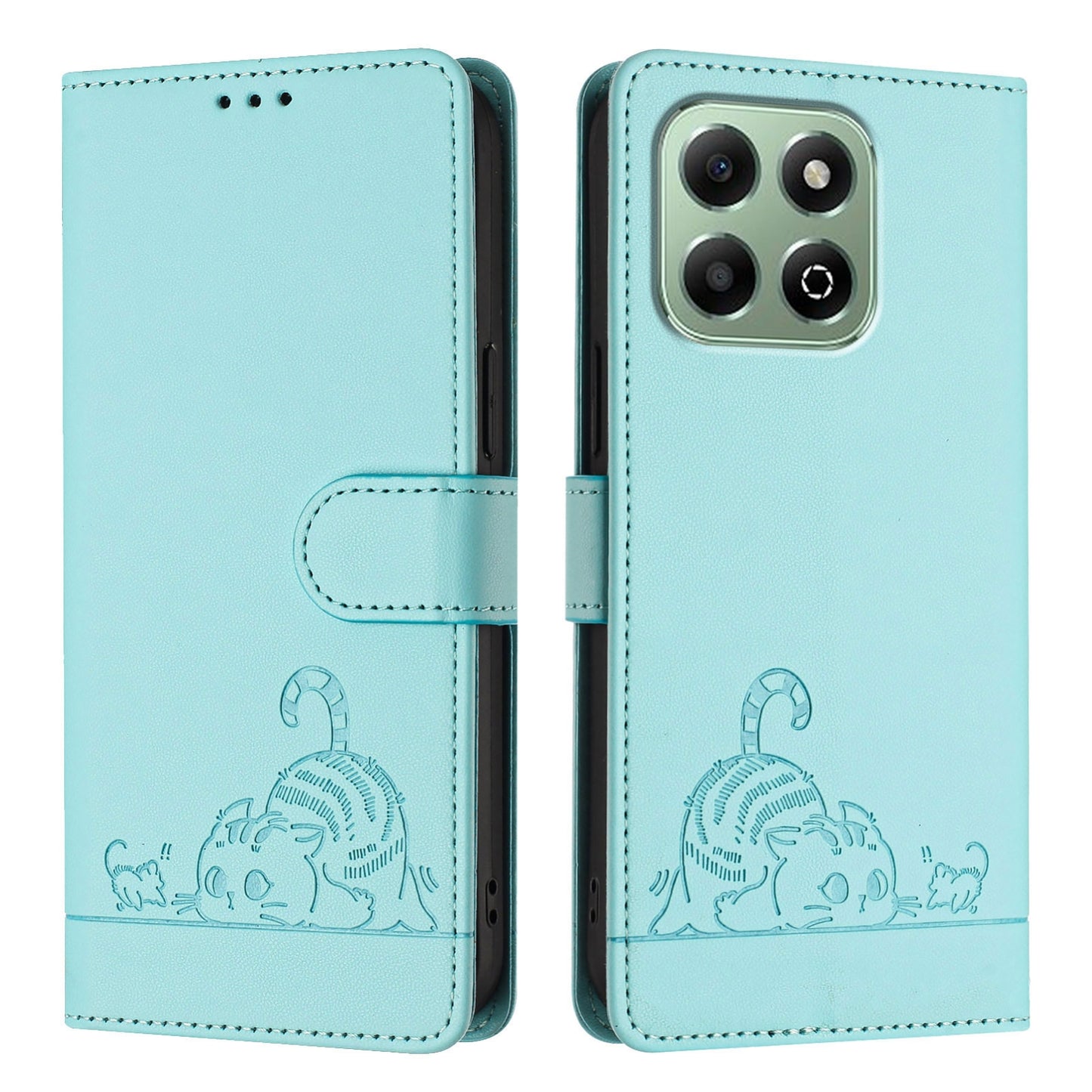 Honor X6b Leather Phone Case with Cat and Rat Embossed Pattern, RFID Protection, Card Holder Slots, Anti-fall Feature & Lanyard