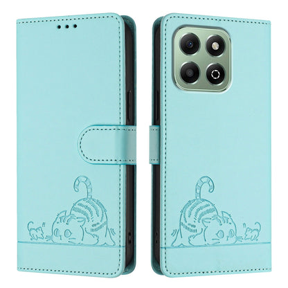 Honor X6b Leather Phone Case with Cat and Rat Embossed Pattern, RFID Protection, Card Holder Slots, Anti-fall Feature & Lanyard
