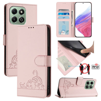Honor X6b Leather Phone Case with Cat and Rat Embossed Pattern, RFID Protection, Card Holder Slots, Anti-fall Feature & Lanyard