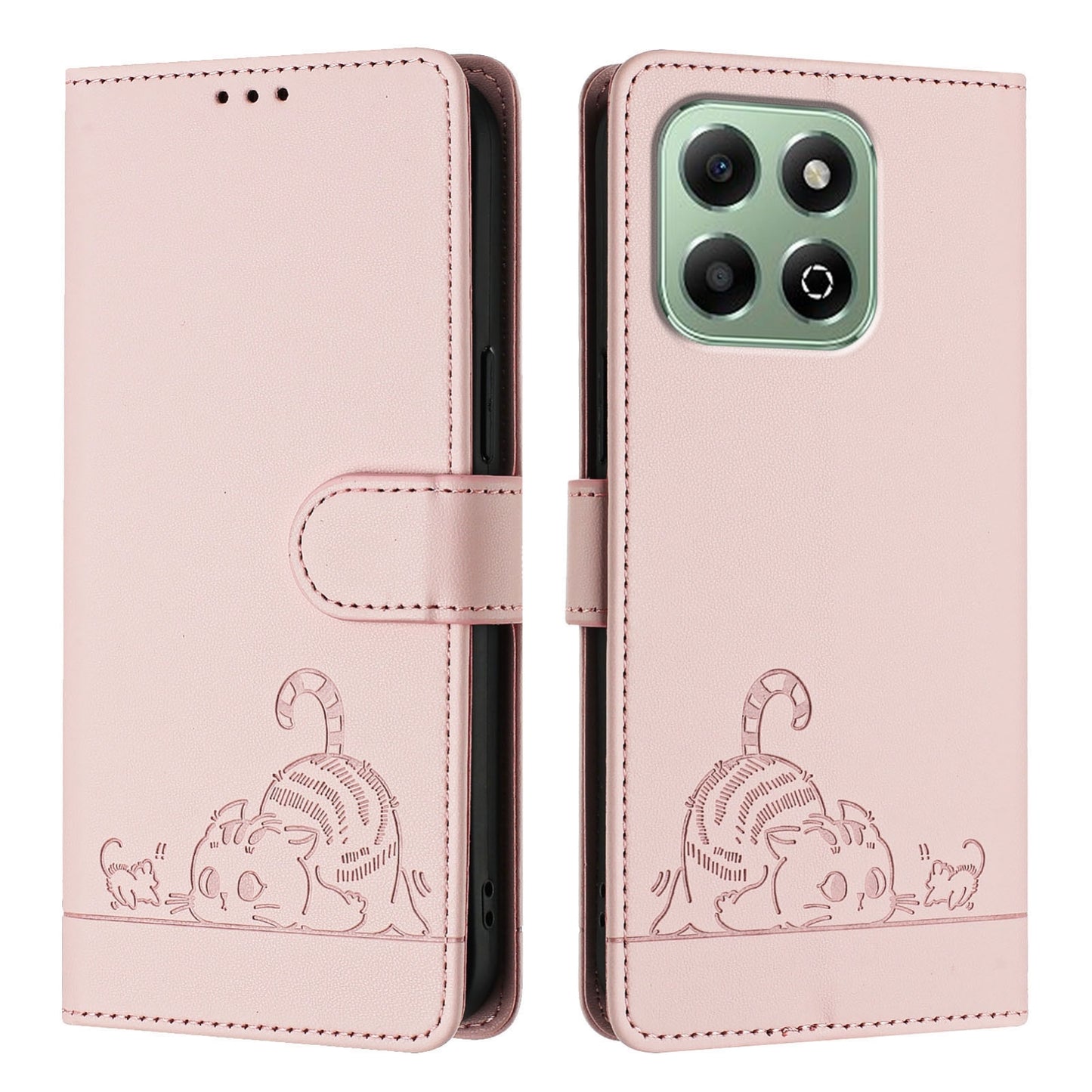 Honor X6b Leather Phone Case with Cat and Rat Embossed Pattern, RFID Protection, Card Holder Slots, Anti-fall Feature & Lanyard