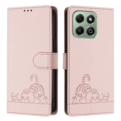 Honor X6b Leather Phone Case with Cat and Rat Embossed Pattern, RFID Protection, Card Holder Slots, Anti-fall Feature & Lanyard