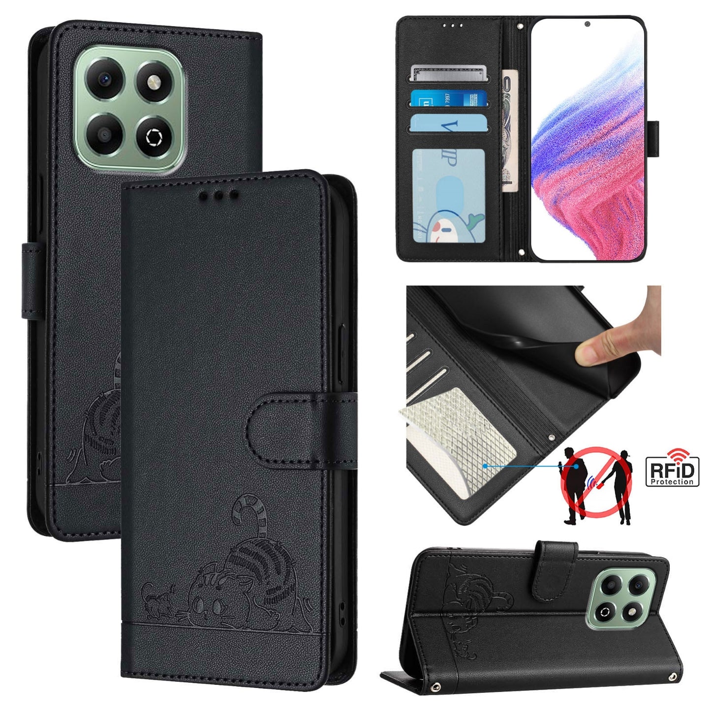 Honor X6b Leather Phone Case with Cat and Rat Embossed Pattern, RFID Protection, Card Holder Slots, Anti-fall Feature & Lanyard