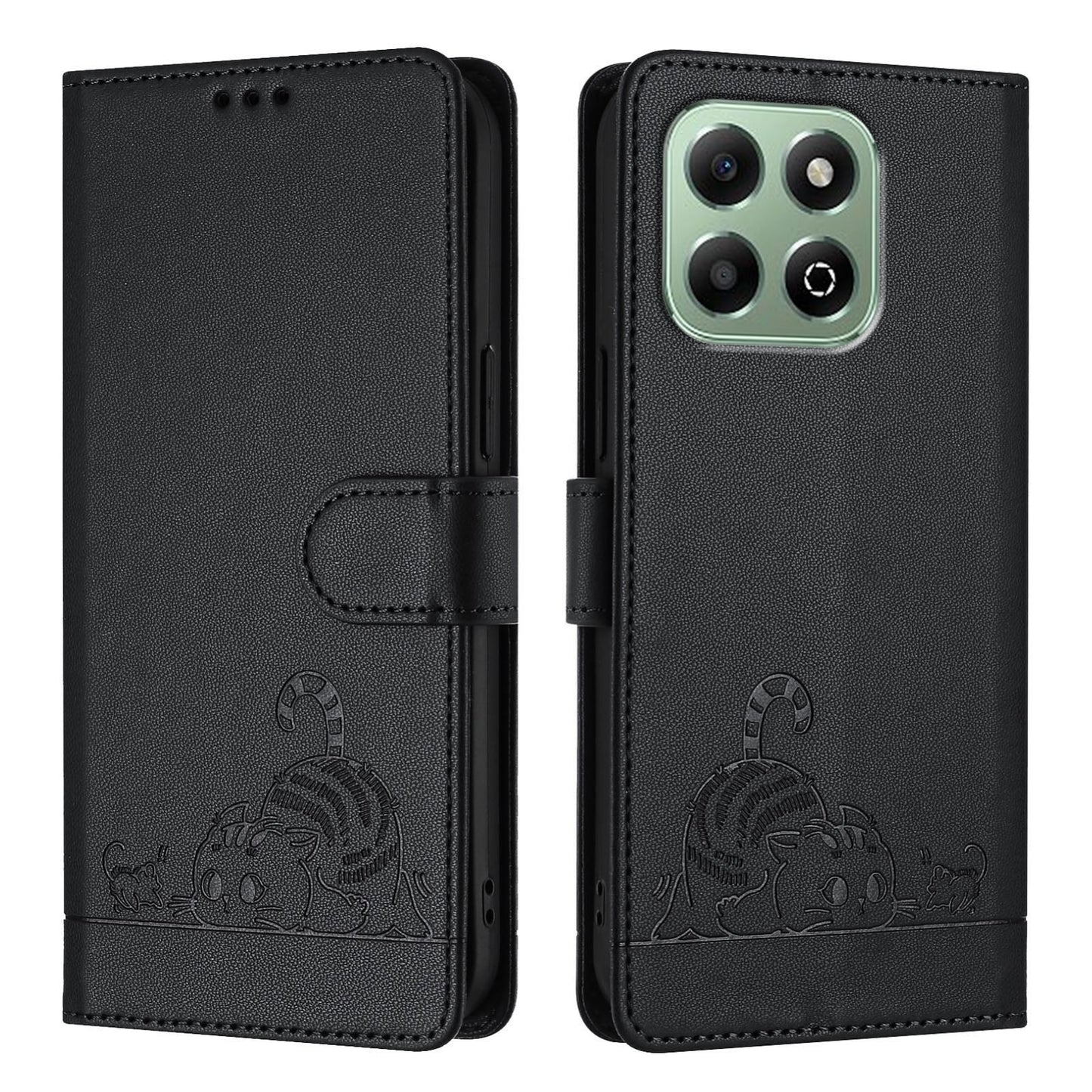 Honor X6b Leather Phone Case with Cat and Rat Embossed Pattern, RFID Protection, Card Holder Slots, Anti-fall Feature & Lanyard