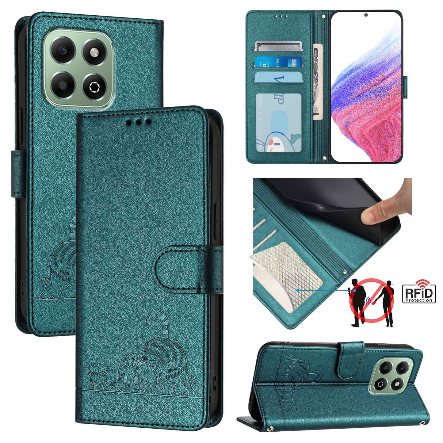 Honor X6b Leather Phone Case with Cat and Rat Embossed Pattern, RFID Protection, Card Holder Slots, Anti-fall Feature & Lanyard