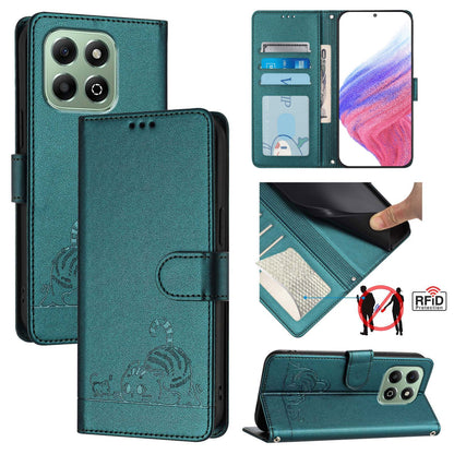 Honor X6b Leather Phone Case with Cat and Rat Embossed Pattern, RFID Protection, Card Holder Slots, Anti-fall Feature & Lanyard