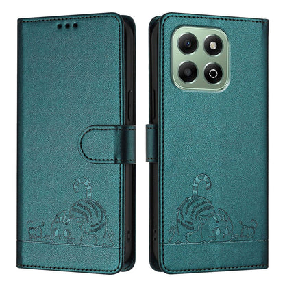 Honor X6b Leather Phone Case with Cat and Rat Embossed Pattern, RFID Protection, Card Holder Slots, Anti-fall Feature & Lanyard